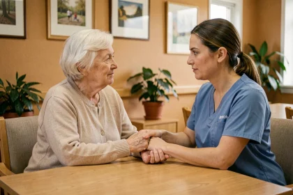 Une soignante tenant la main d'une femme âgée atteinte de troubles cognitifs dans une maison de retraite, illustrant l'accompagnement bienveillant et le respect de la dignité de la personne âgée.