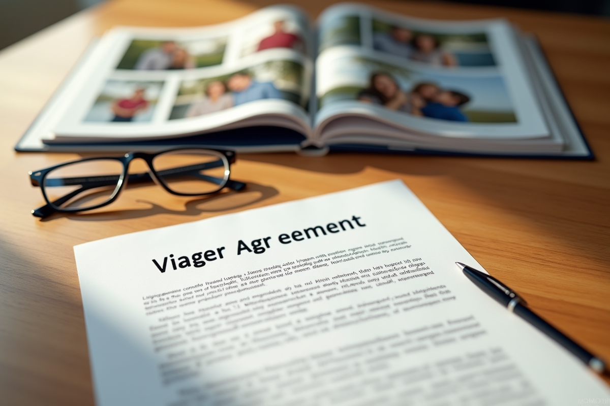 Document de viager avec album photo et lunettes sur la table