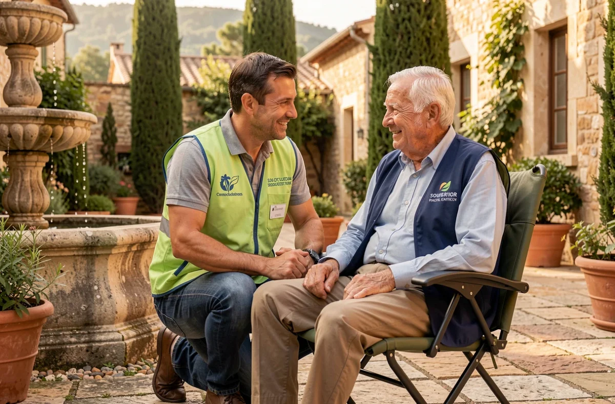 Un bénévole de l'ADMR du Vaucluse accompagne un senior dans un jardin de village provençal