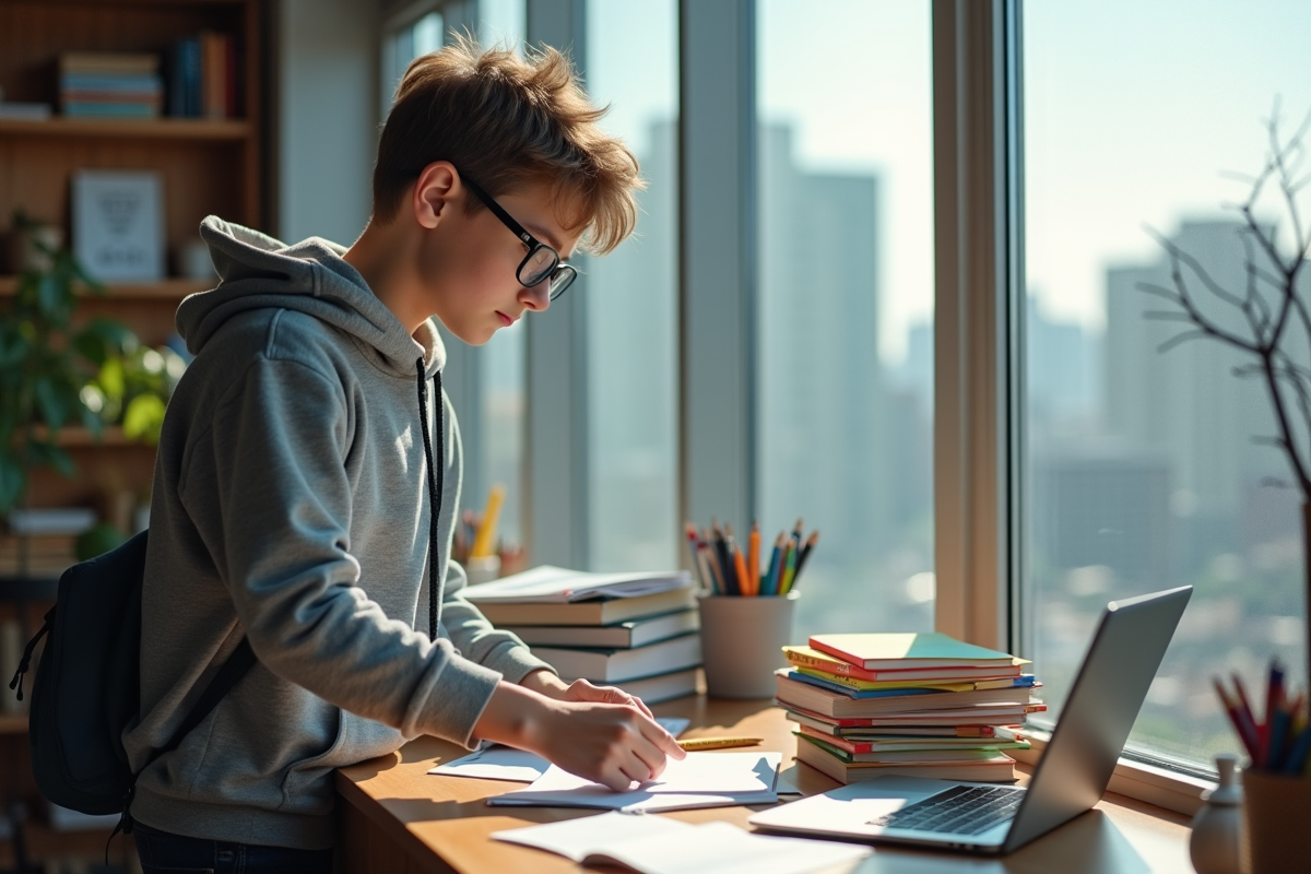 Adolescent debout à un bureau avec livres et notes dans une pièce lumineuse
