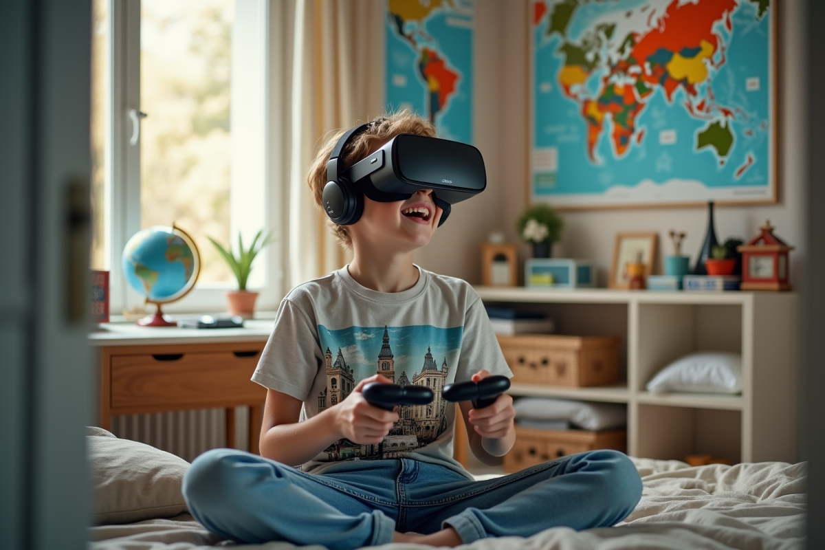 Adolescent utilisant un casque VR dans une chambre décorée de posters