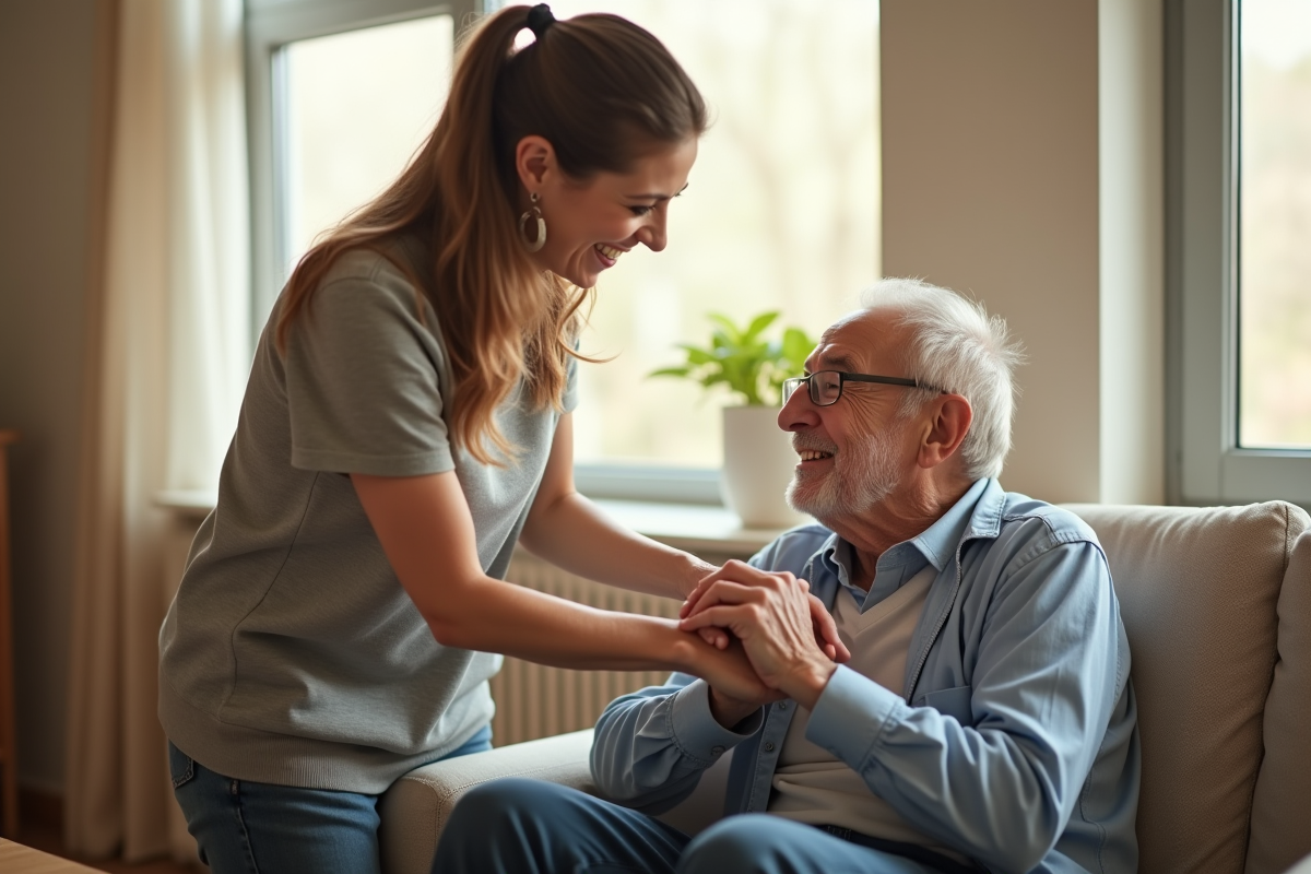 Une adulte attentive aide une personne agee dans un salon lumineux