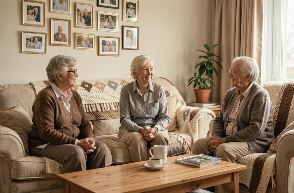 Une intervenante d'Aide Services 84 partage un moment de confiance avec un couple de seniors dans leur salon