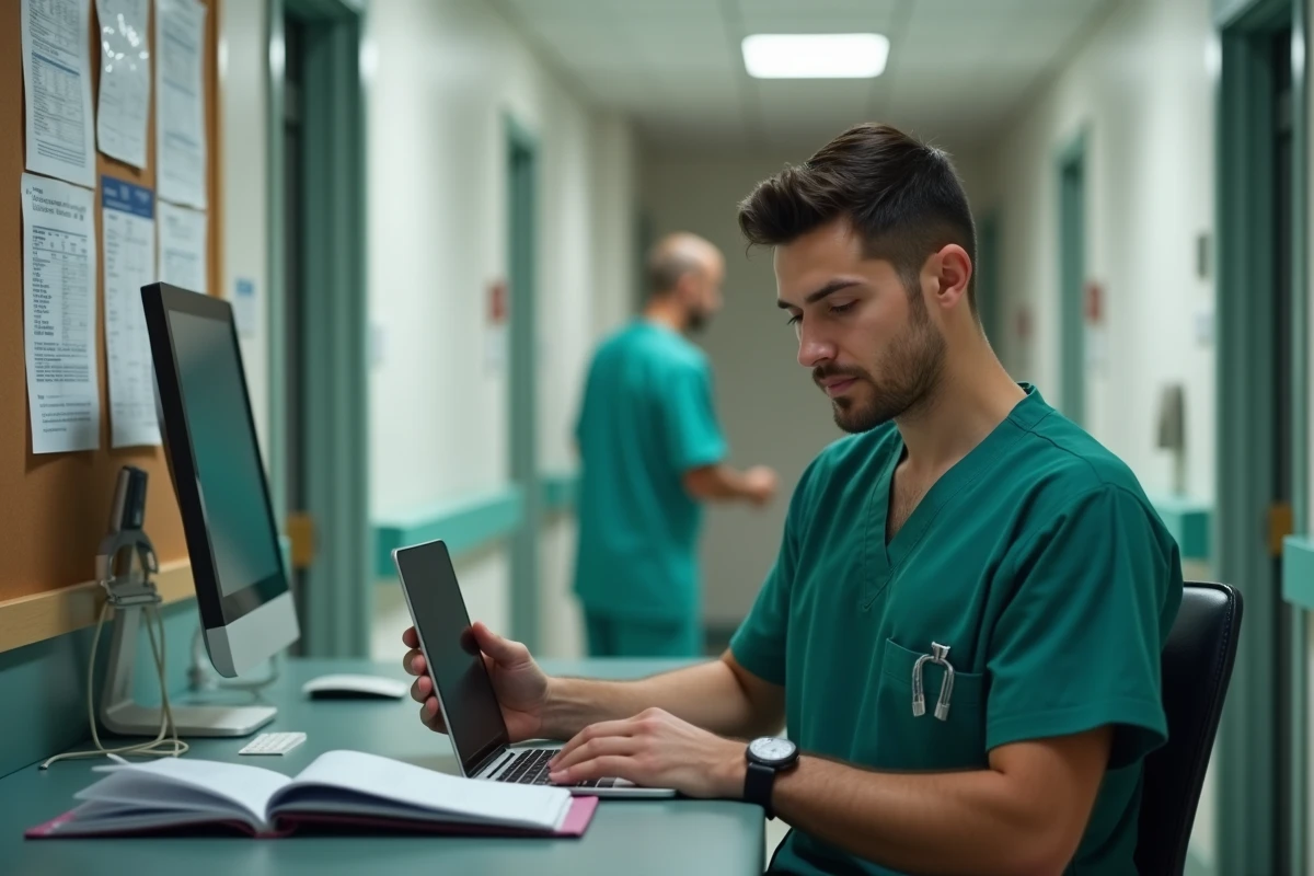 Aide-soignant réalisant seul un module de formation en ligne sur tablette au poste infirmier d'un EHPAD