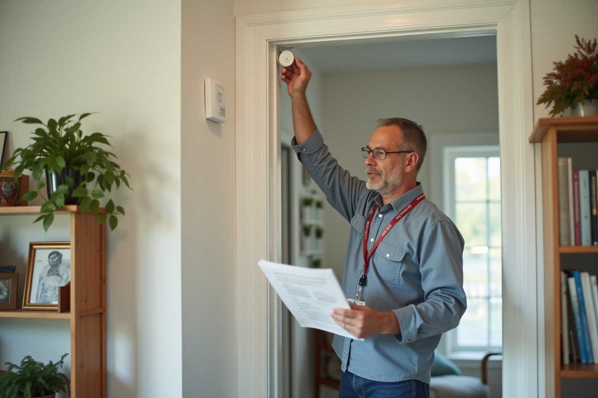 Aide-soignant installant un capteur de mouvement dans le salon