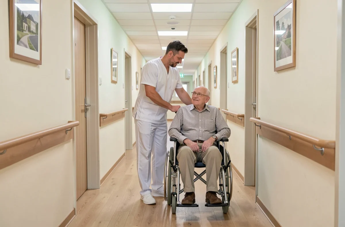 Aide-soignant accompagnant un résident en fauteuil roulant dans le couloir d'un EHPAD moderne
