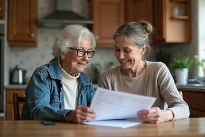 Aide-soignante aidant une personne &acirc;g&eacute;e &agrave; remplir un carnet de suivi