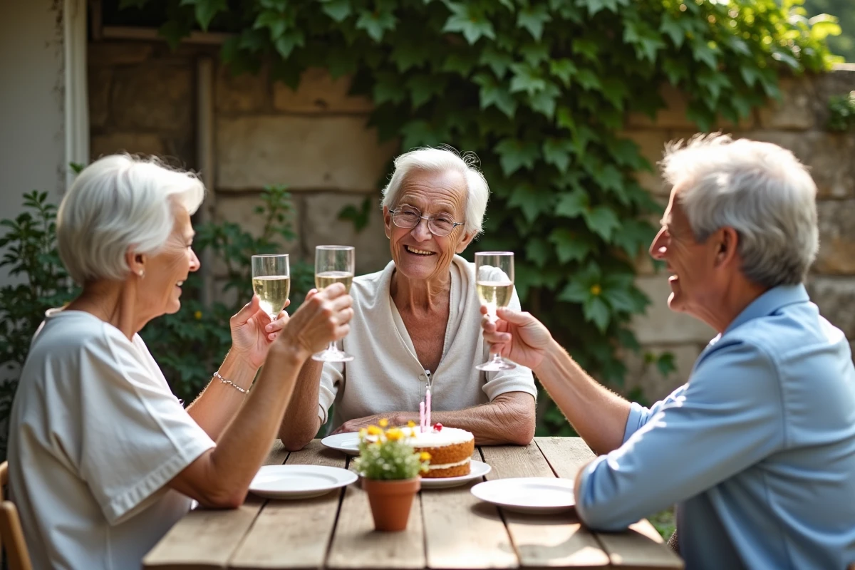 Groupe d'amis septuagénaires fêtant un anniversaire de 70 ans sur une terrasse en pierre avec un gâteau