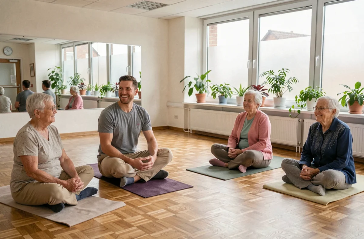 Animateur dirigeant une séance de yoga assis pour les résidents d'un EHPAD