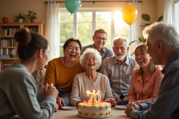 Femme agee celebrant ses 70 ans en famille