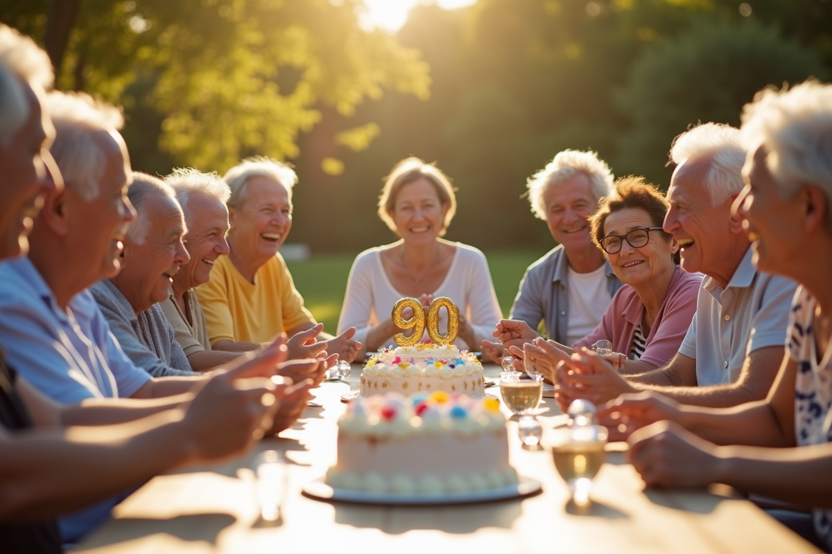 Groupe de personnes âgées célébrant un anniversaire 90 ans