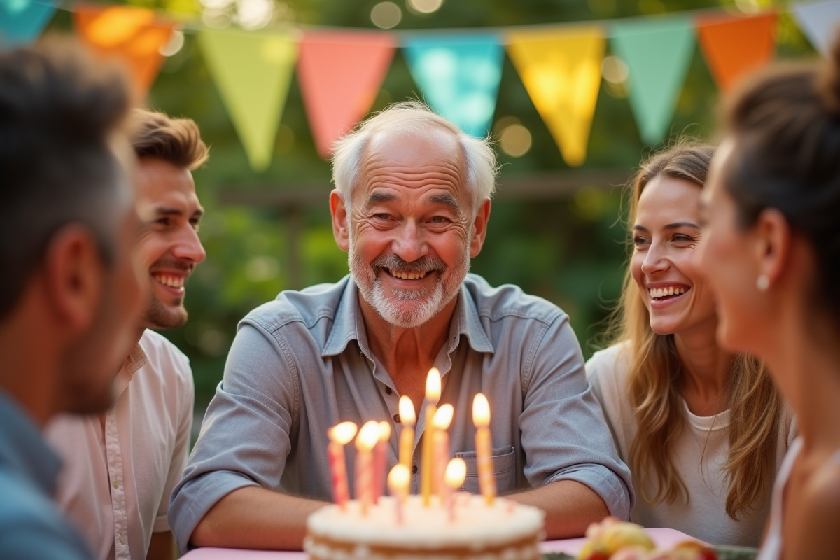 Homme de 70 ans souriant entouré de famille lors d'une fête en plein air