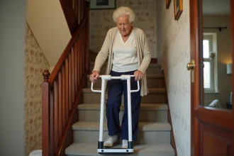 Femme âgée utilisant un ascenseur portable sans installation dans un escalier de maison individuelle
