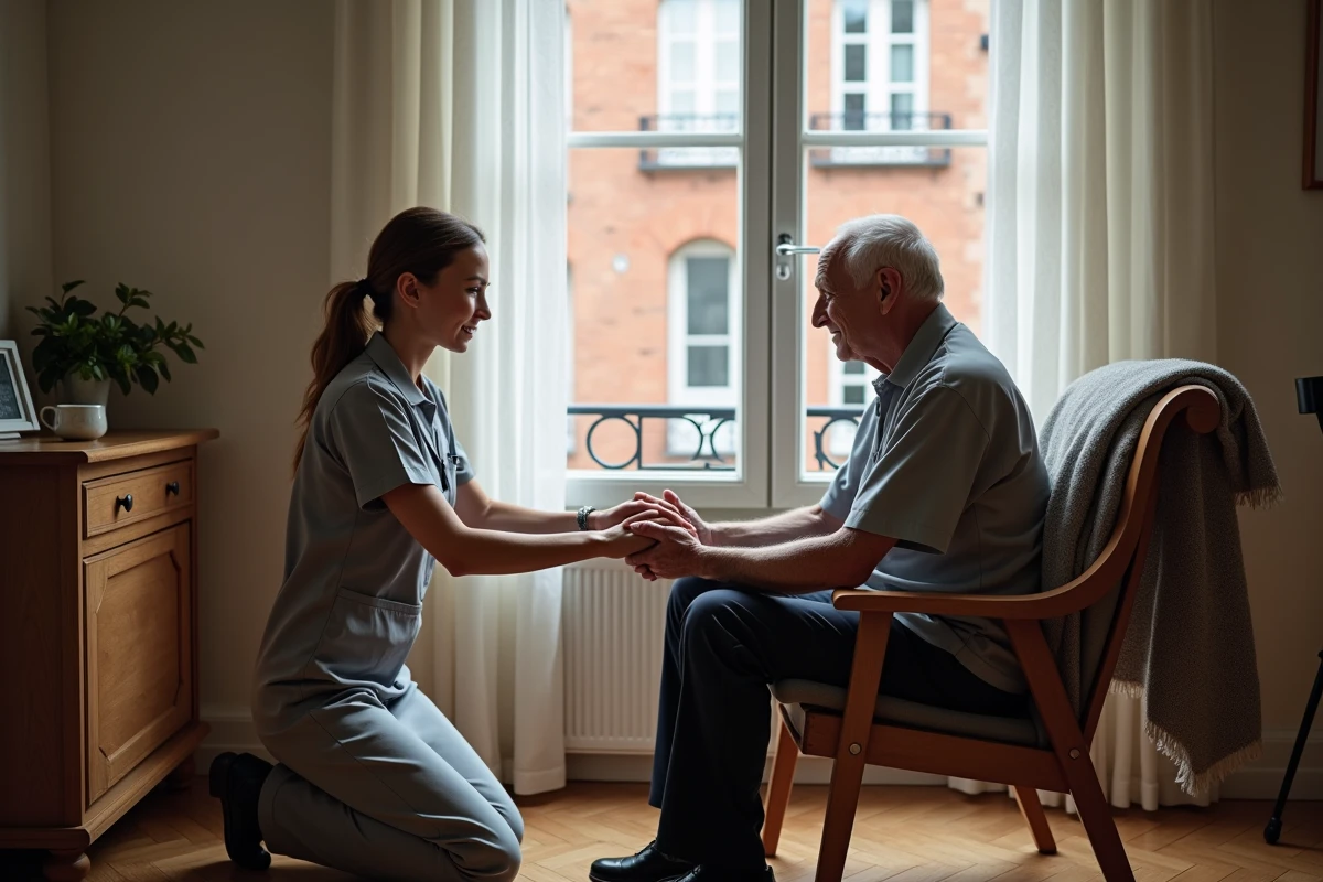 Une auxiliaire de vie professionnelle aidant un senior lillois à domicile, avec vue sur les façades en briques typiques de Lille en arrière-plan