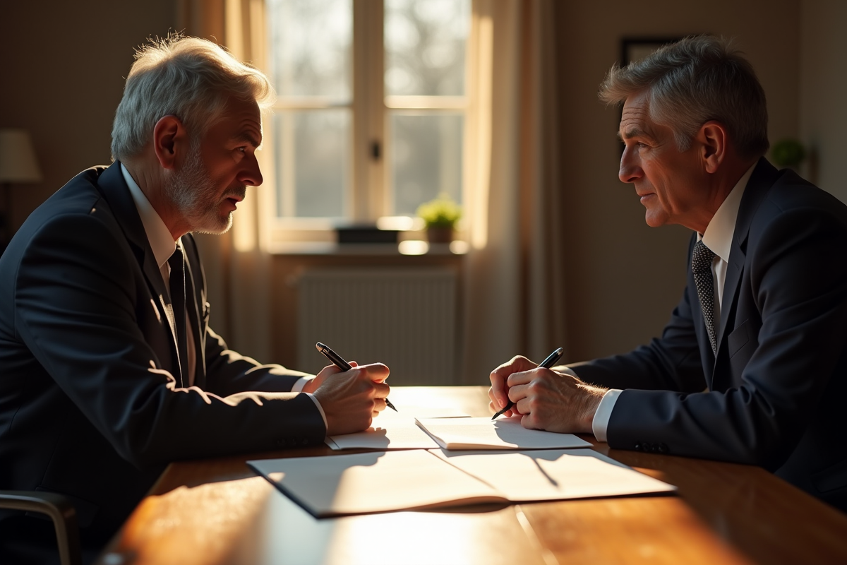 Avocats discutant de documents juridiques en salon