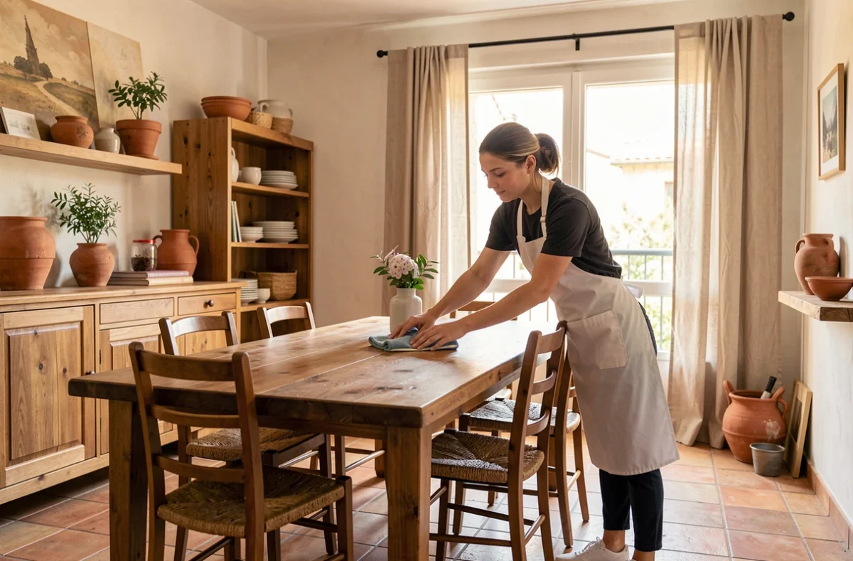 Une employée d'Azaé Avignon effectue le ménage dans un appartement soigné de style provençal