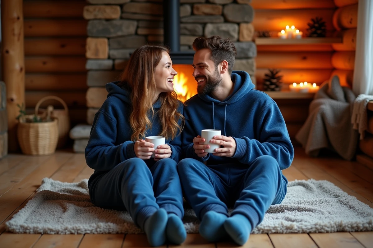 Deux adultes portant des babygros avec pieds bleu marine assis près d'une cheminée dans un chalet rustique en hiver