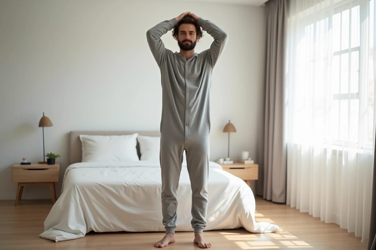 Homme adulte en babygros sans pieds gris chiné debout pieds nus dans une chambre moderne minimaliste