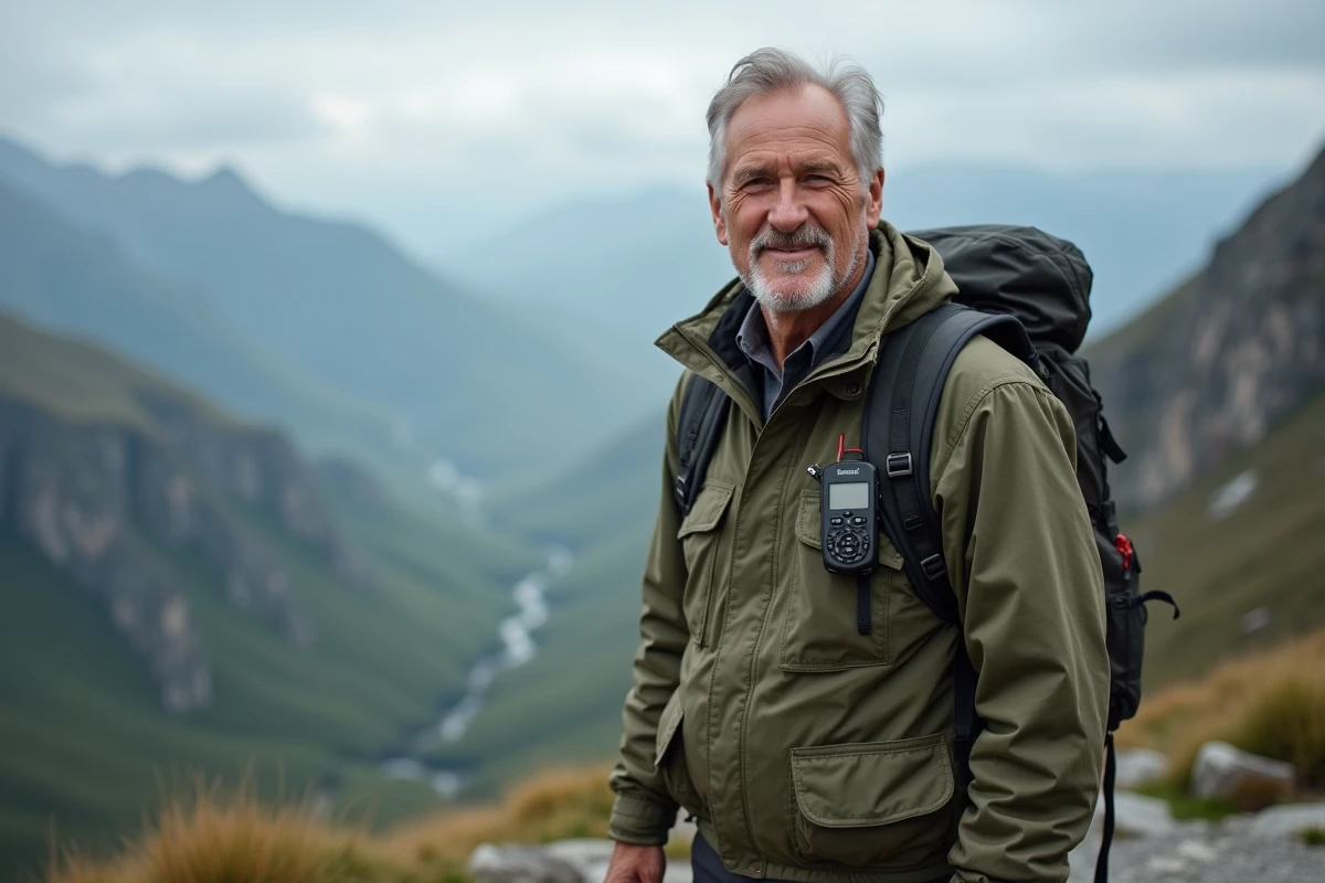 Randonneur portant une balise GPS personnelle accrochée à son sac à dos en montagne