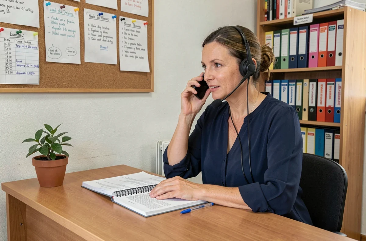Bénévole de l'association Le Fil des Ans passant un appel téléphonique depuis un bureau associatif pour soutenir les personnes âgées isolées à Marseille