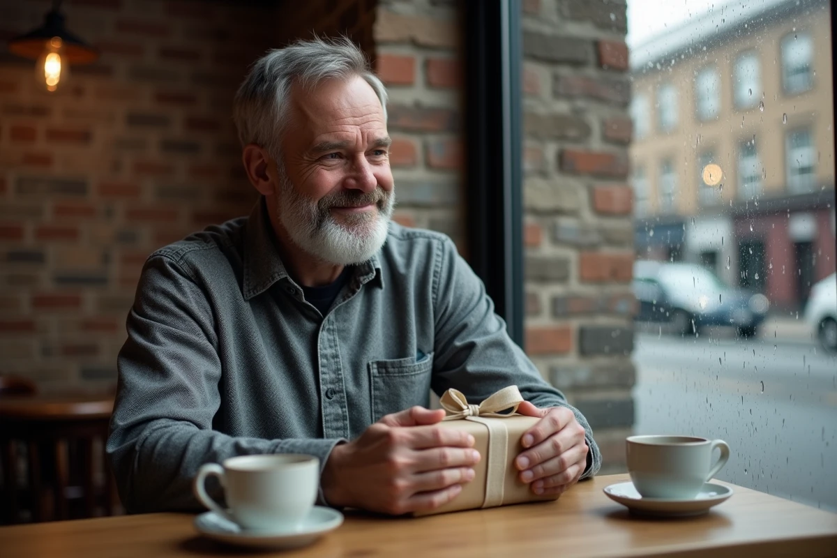 Homme mature de 50 ans tenant un cadeau minimaliste dans un café urbain intimiste et discret