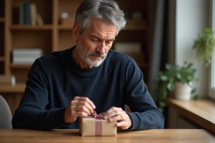 Homme de 50 ans réservé ouvrant un cadeau discret et élégant dans un intérieur scandinave chaleureux