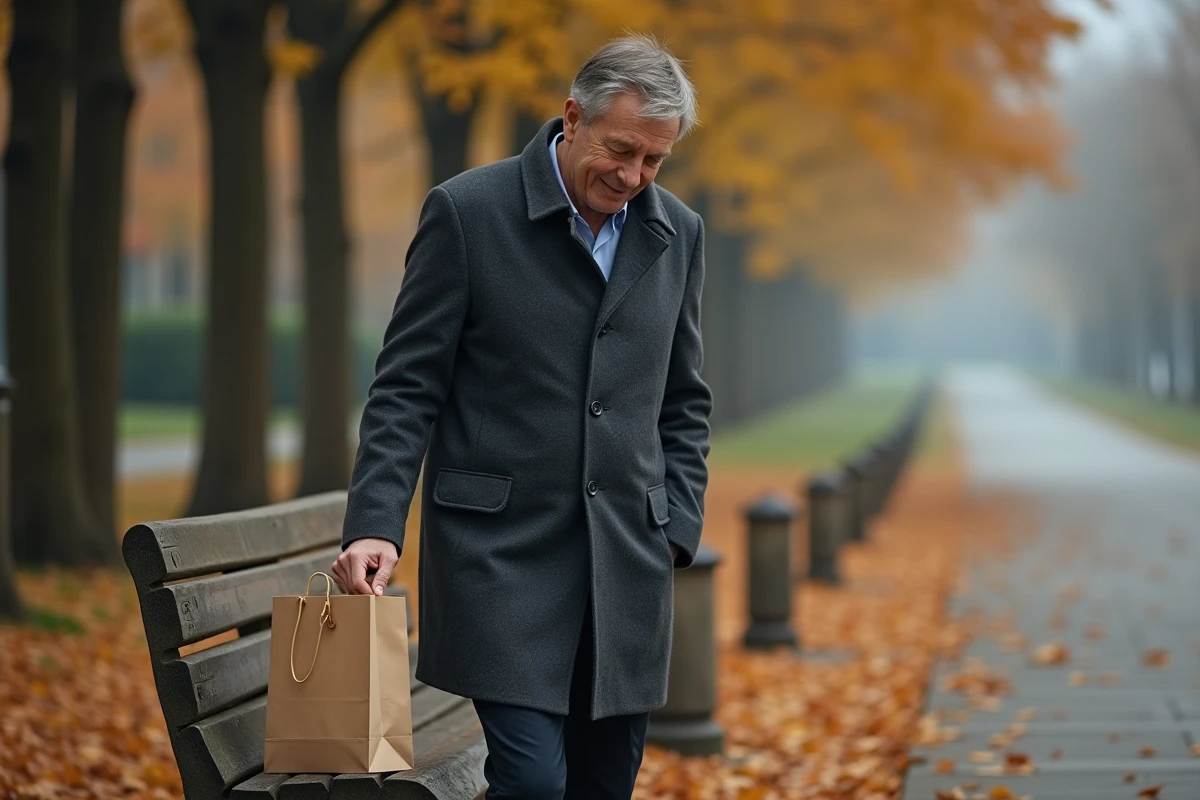 Homme réservé de 50 ans avec un cadeau sobre sur un banc dans un parc automnal paisible
