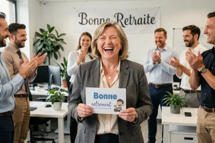 Femme souriante tenant une carte humoristique de départ en retraite entourée de collègues dans un bureau moderne