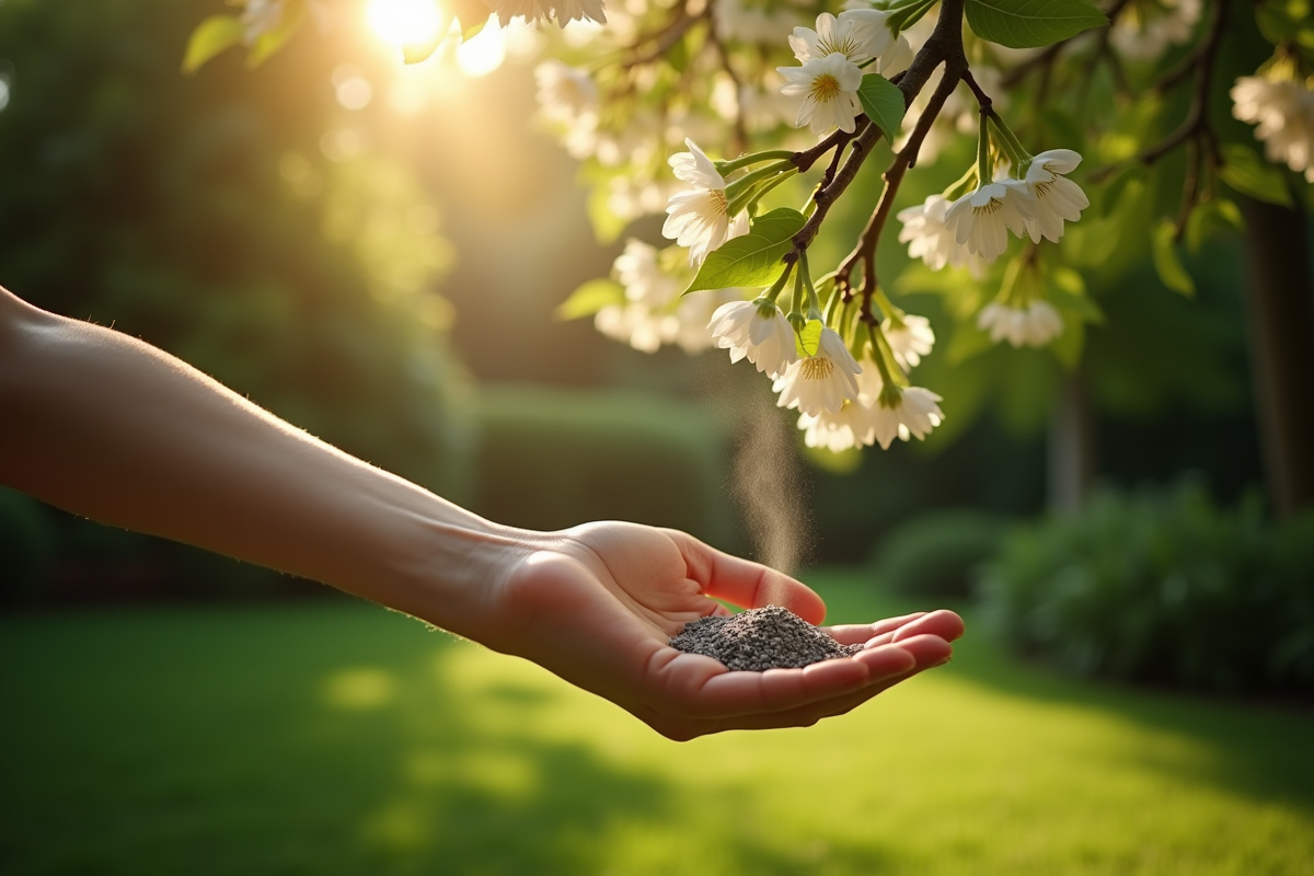 Main douce dispersant des cendres sous un arbre fleuri dans un jardin paisible