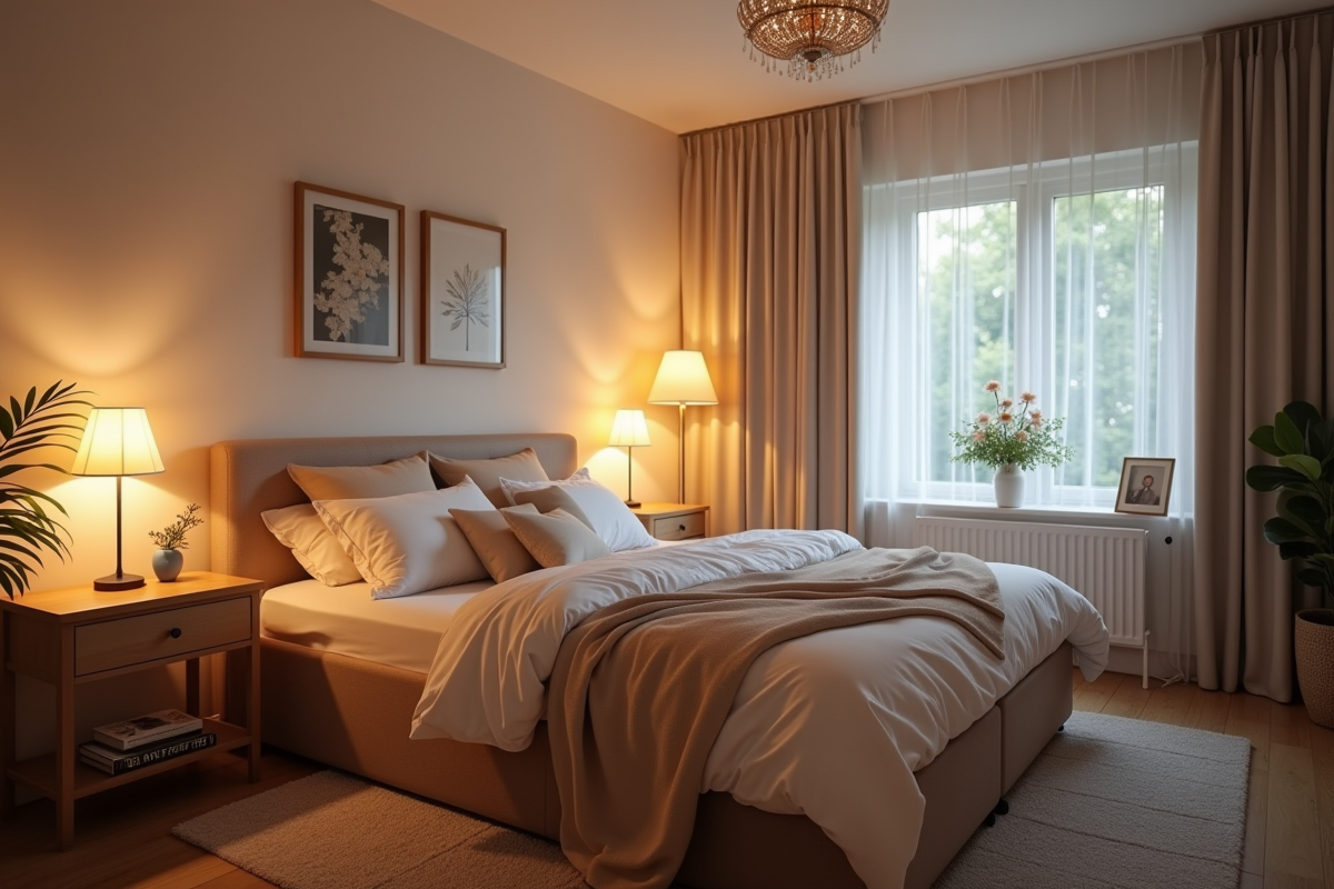 Chambre à domicile chaleureuse avec lit ajustable et ambiance accueillante
