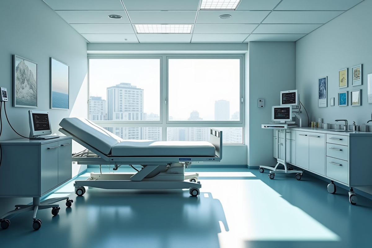 Salle d'hôpital moderne avec lit médical ajustable et équipement