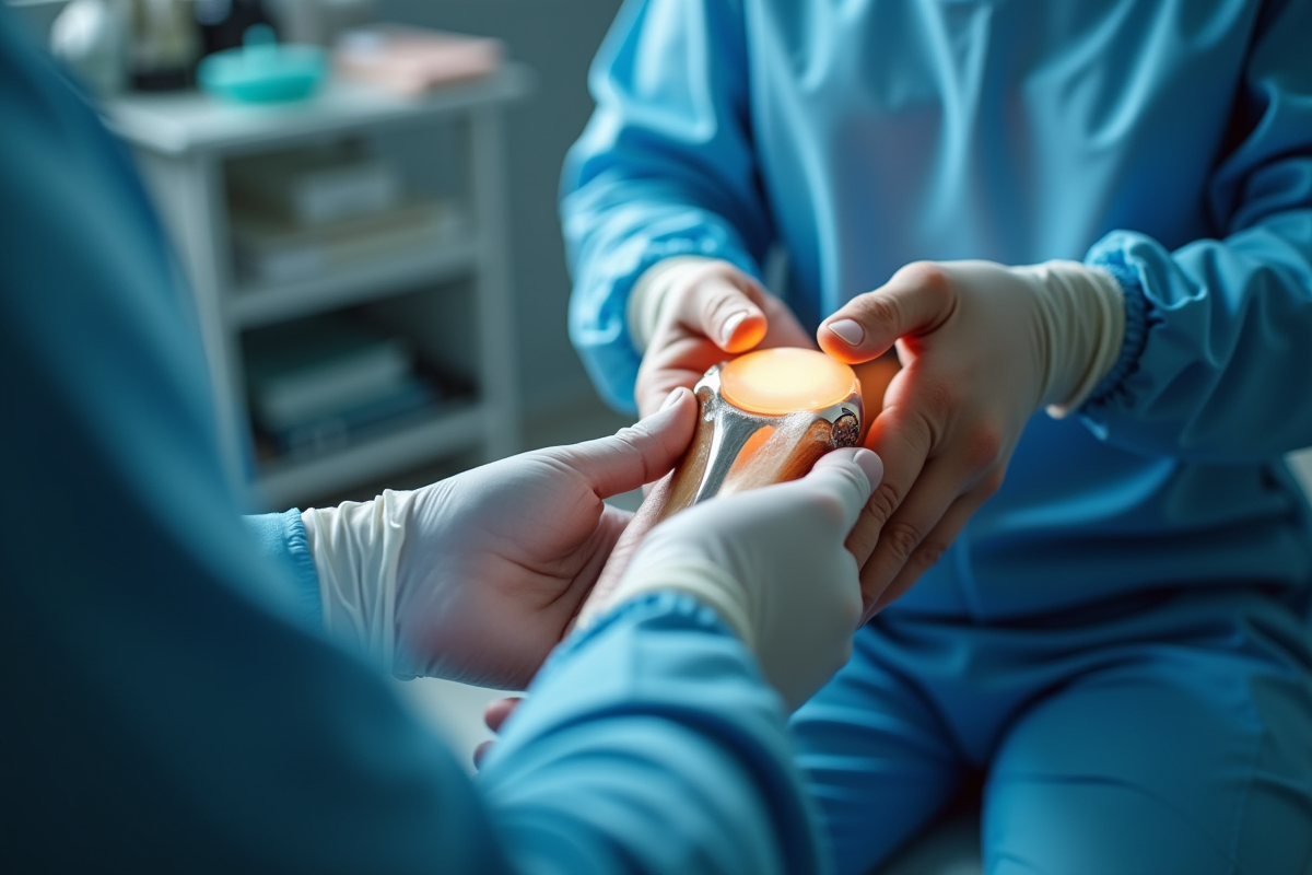 Chirurgien examine un genou prothese dans une clinique moderne