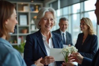 Collègues offrant une carte et des fleurs à une femme souriante partant à la retraite dans un bureau moderne