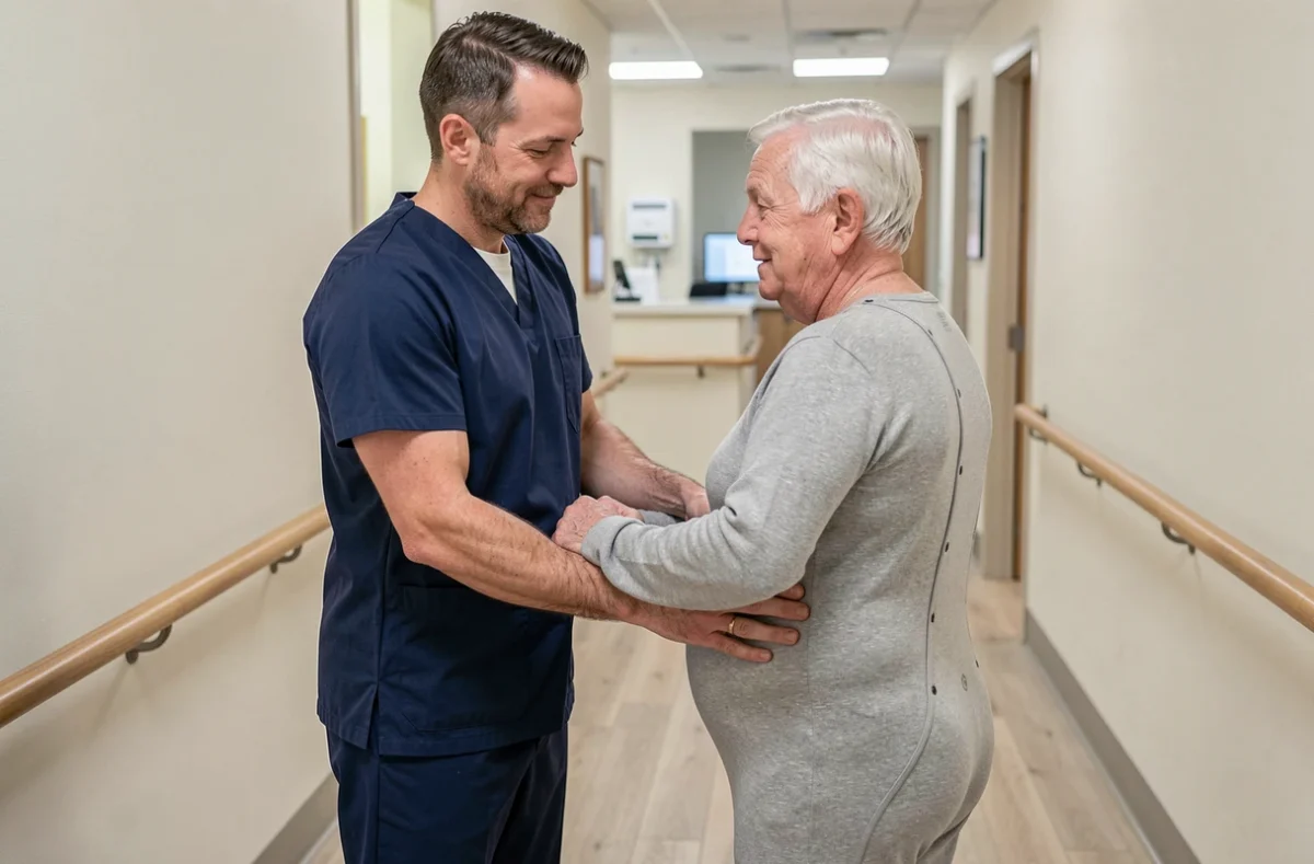 Aide-soignant assistant un patient âgé portant une combinaison adulte anti-arrachement dans un couloir de service de soins