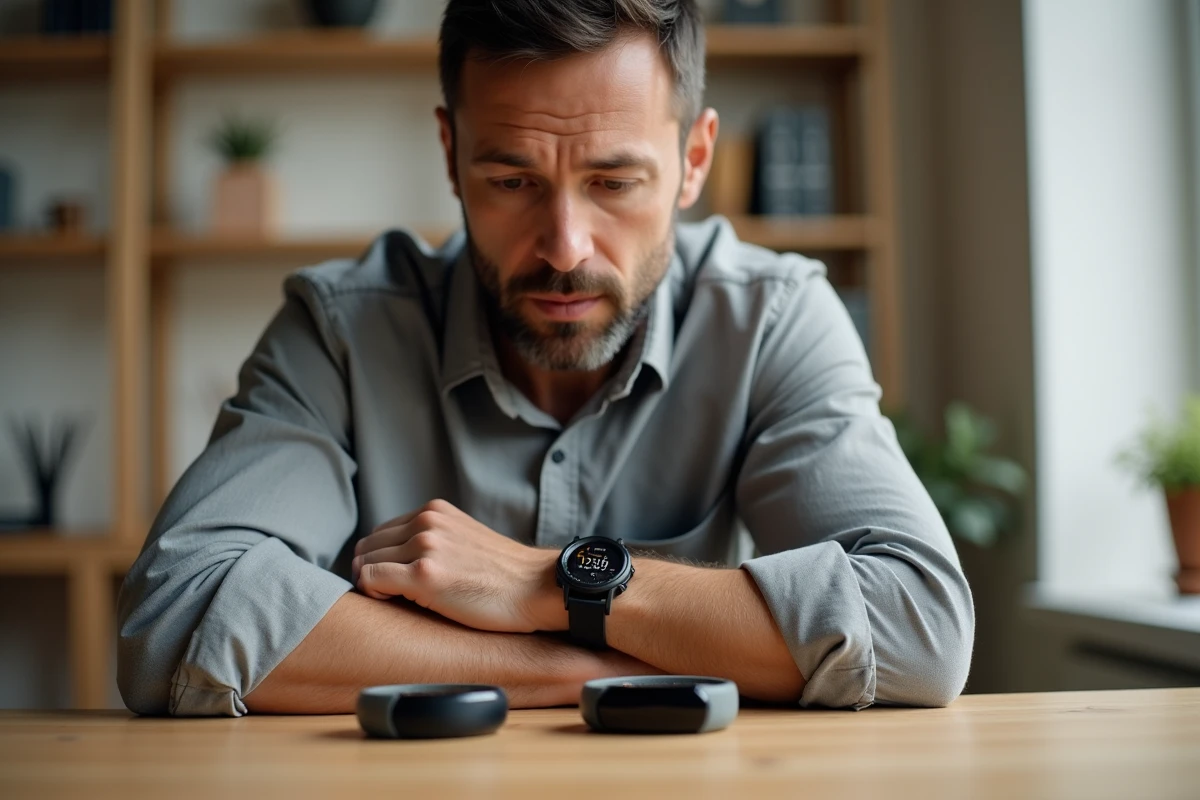Homme comparant plusieurs bracelets et balises GPS connectés posés sur un bureau en bois