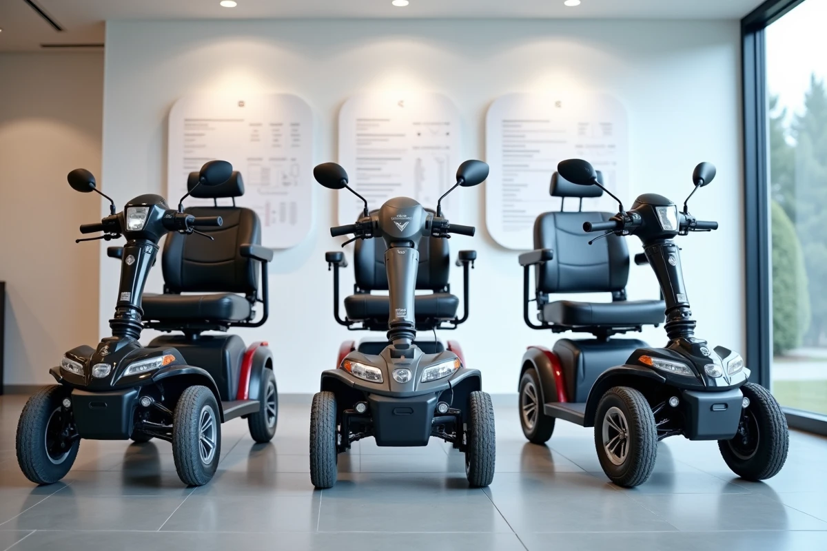 Comparatif de trois modèles de scooters électriques PMR exposés dans un showroom spécialisé