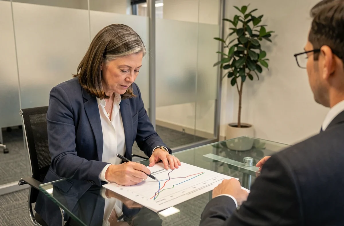 Femme de 55 ans consultant un conseiller en retraite pour comprendre l'avantage agent de maîtrise dans le calcul de sa pension