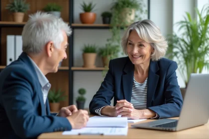 Femme en conseil retraite dans un bureau moderne