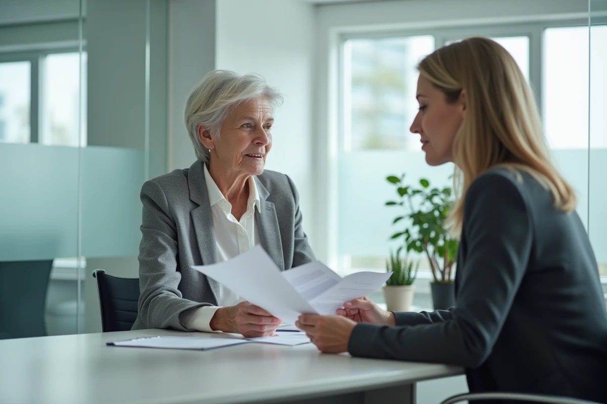 Femme handicapée en rendez-vous avec un conseiller retraite dans un bureau administratif moderne