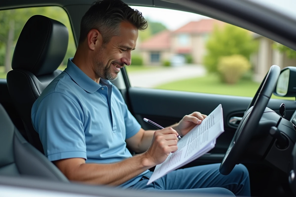Homme soignant consultant des documents dans une voiture