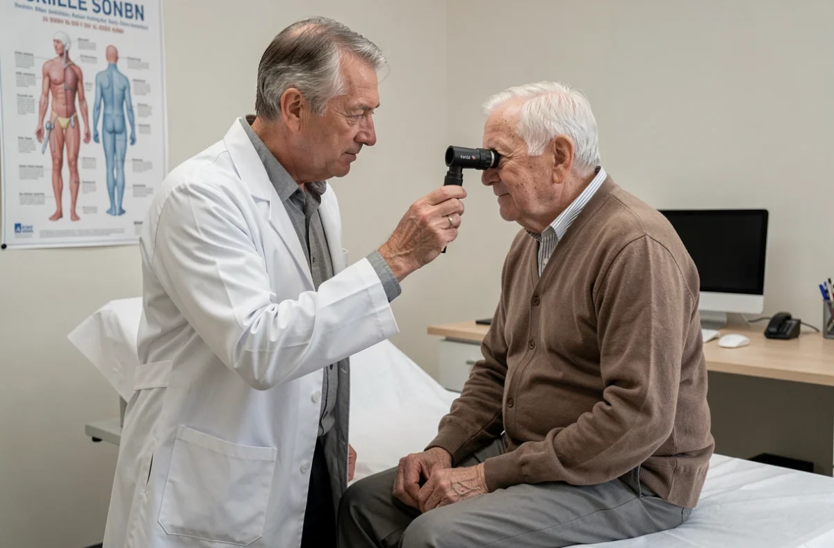 Médecin examinant un patient senior lors de la visite médicale obligatoire pour le renouvellement du permis de conduire