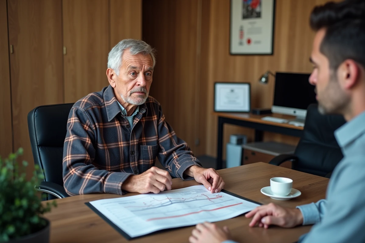 Travailleur manuel de 59 ans en consultation avec un conseiller financier pour optimiser sa retraite carrière longue avant 60 ans