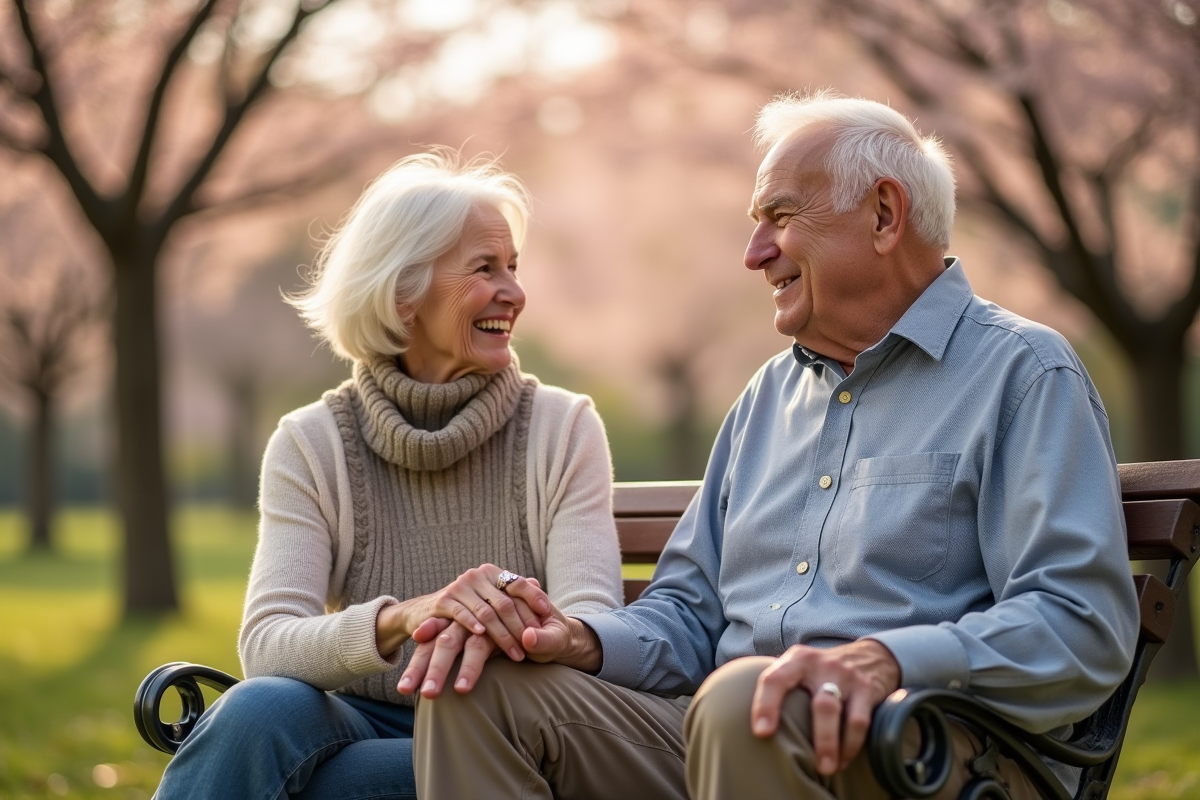 Couple âgé souriant sur un banc de parc avec fleurs en arrière-plan