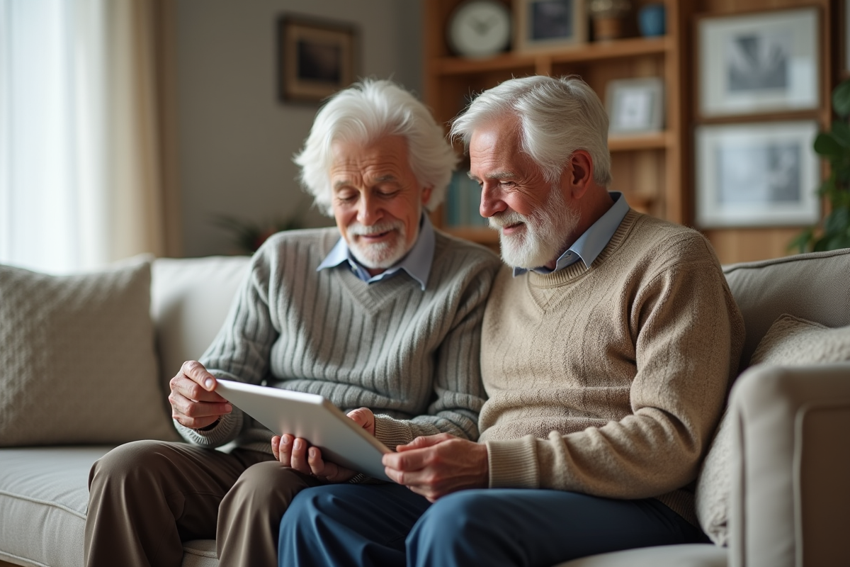 Couple senior examinant un tableau sur une tablette
