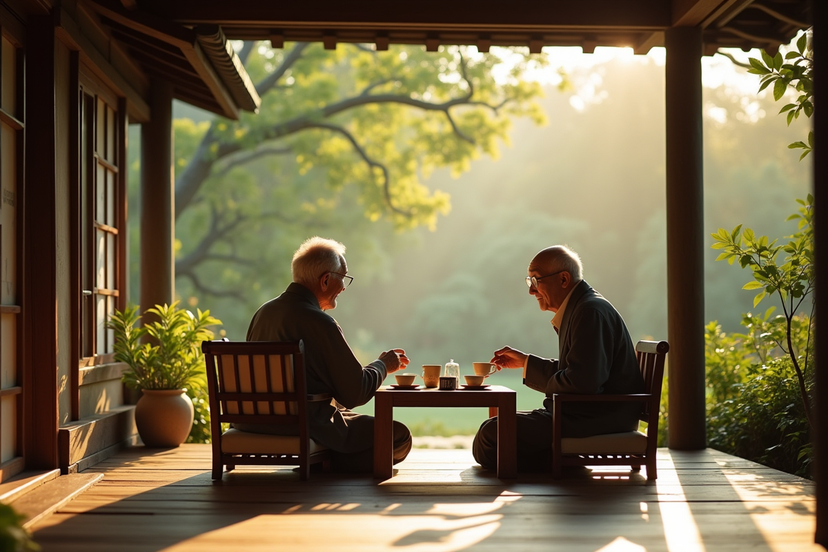 Couple japonais âgé dégustant du thé dans un jardin paisible