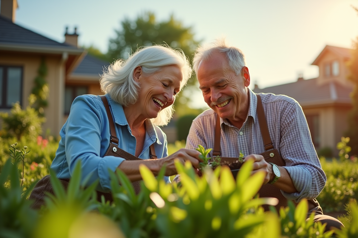 Couple de seniors souriants jardinant dans un jardin ensoleille