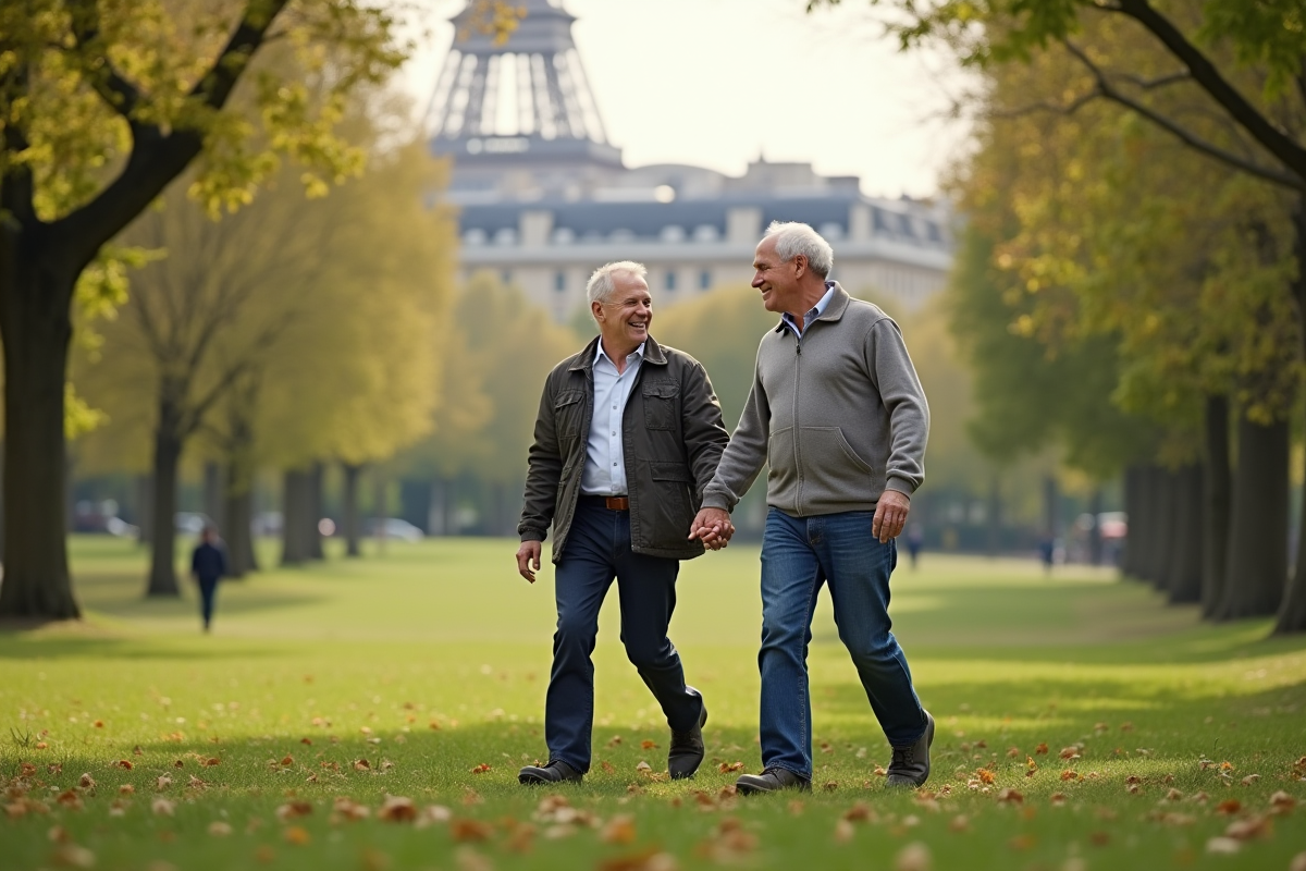 Couple de retraités français se promenant dans un parc parisien