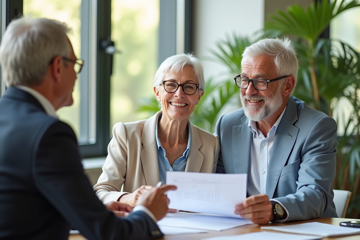 Couple de retraités souriants avec conseiller financier dans un bureau lumineux