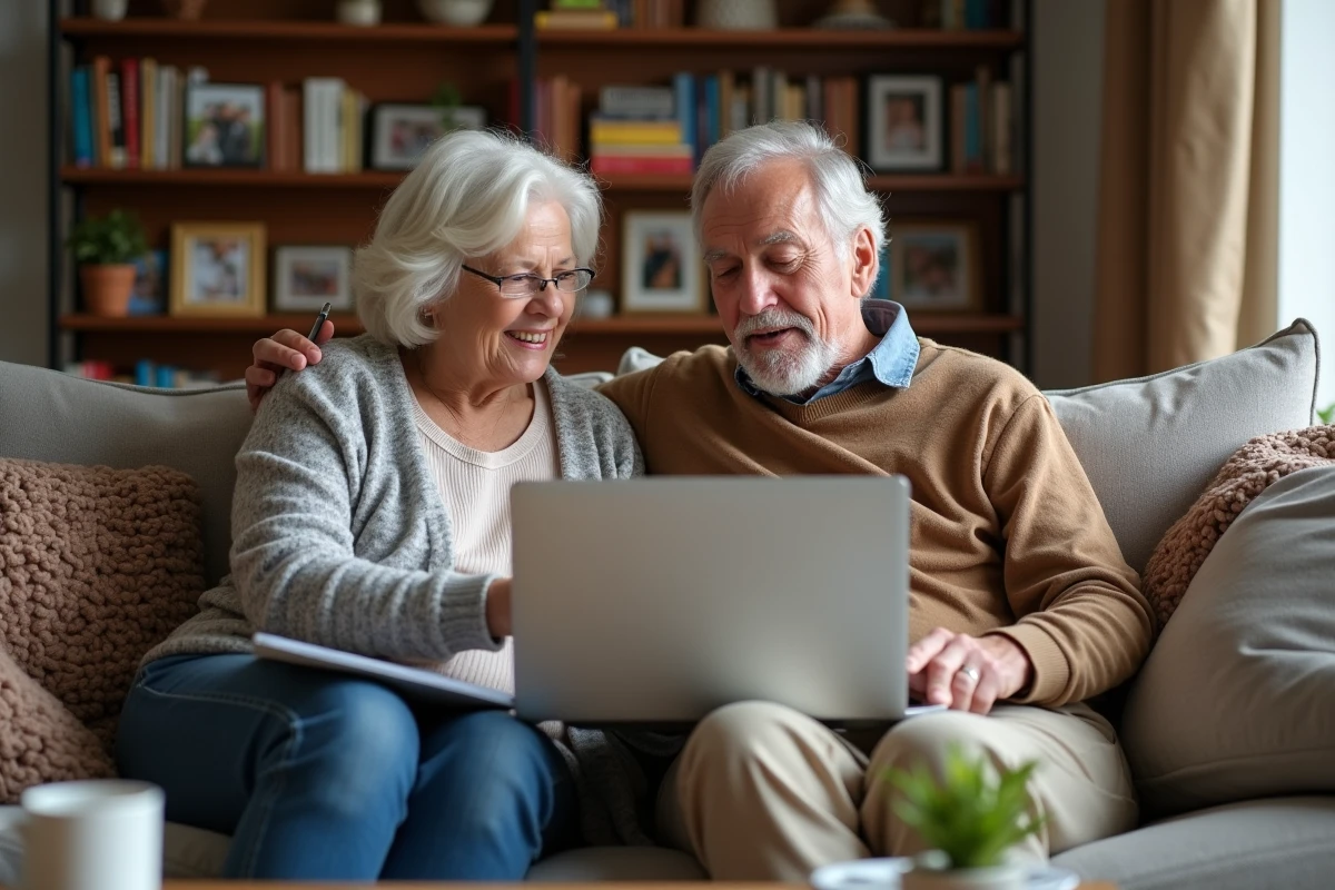 Couple de retraités consultant un site d'information sur les retraites et le pouvoir d'achat sur un ordinateur portable dans leur salon