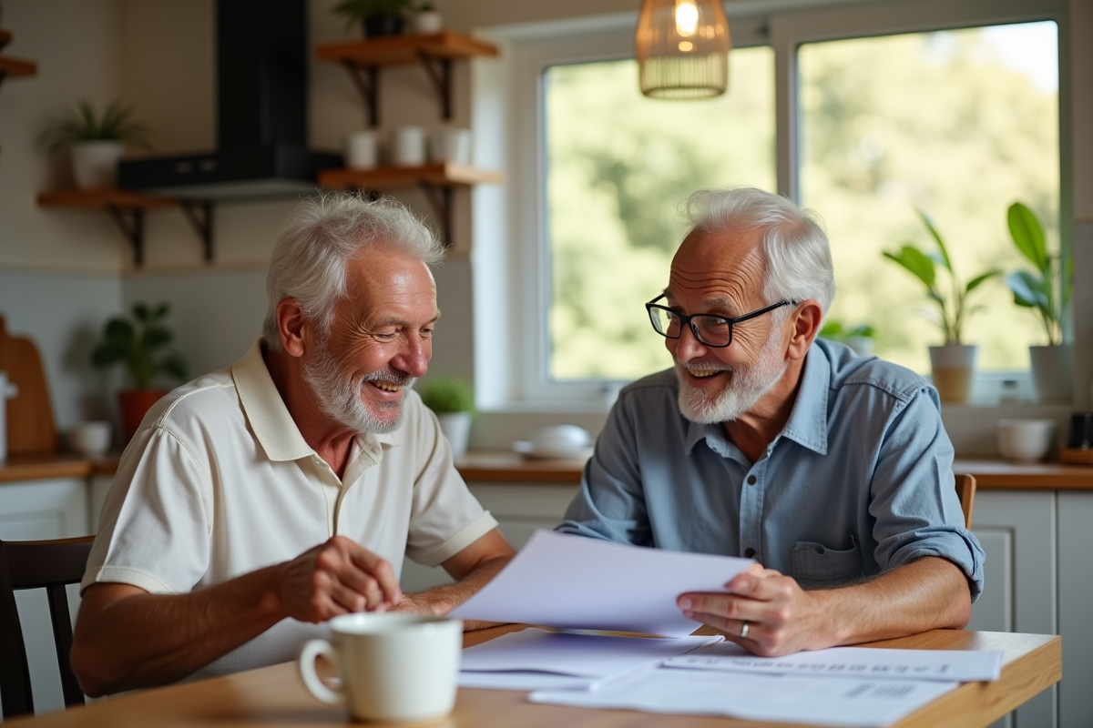 Couple de retraités souriants à la cuisine avec papiers et café
